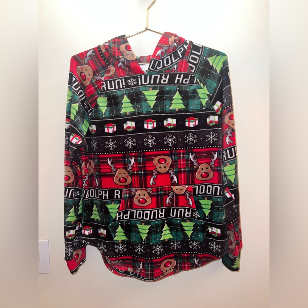 Run Rudolph Christmas‎ Hoodie | Girls M (7–9) Holiday Fleece